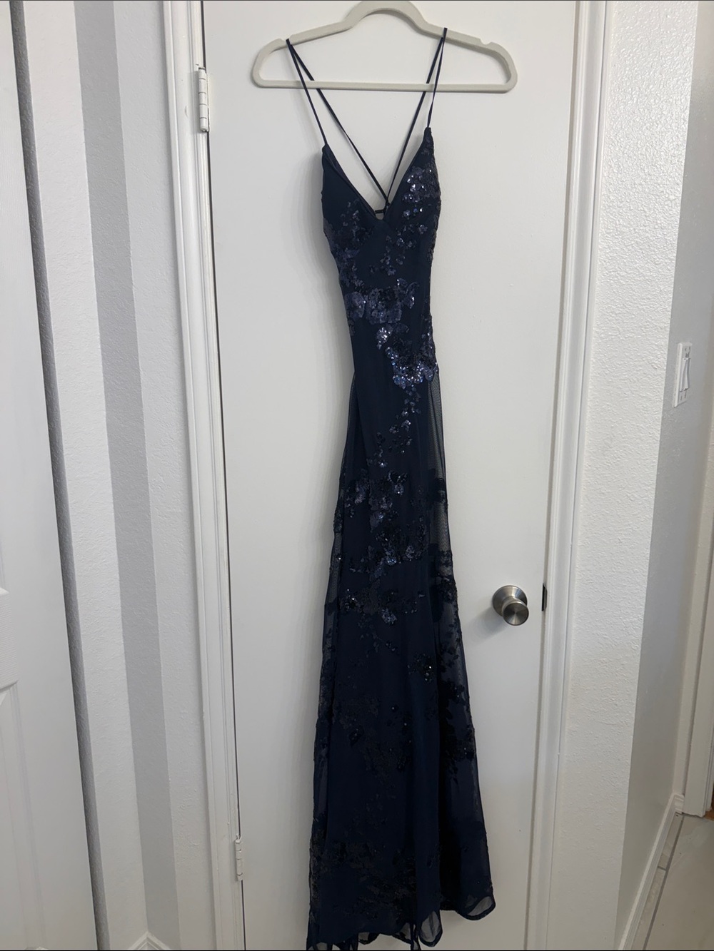 Lulu's Navy Sequin V-Neck Spaghetti Strap Prom Dress